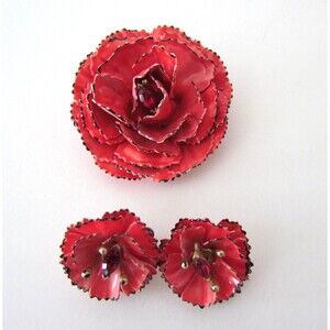 Lisner Red Flower Earrings Brooch Set Enamel Rhinestones Vintage 1950s/60's